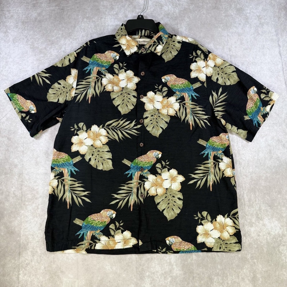 Caribbean Shirt Mens Large Black‎ Silk Blend Button Hawaiian Tropical Macaw